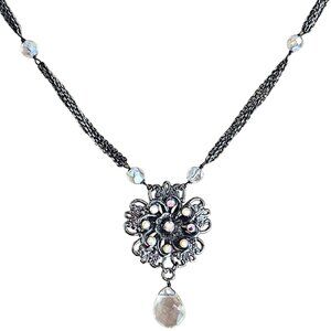 Retro Black Chain Floral Crystal Pendant Teardrop Charm Necklace Fashion Jewelry